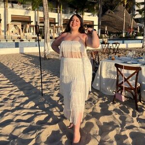 Showpo 2 Piece Set Fringe Strapless Crop Top and Midi White Skirt Set